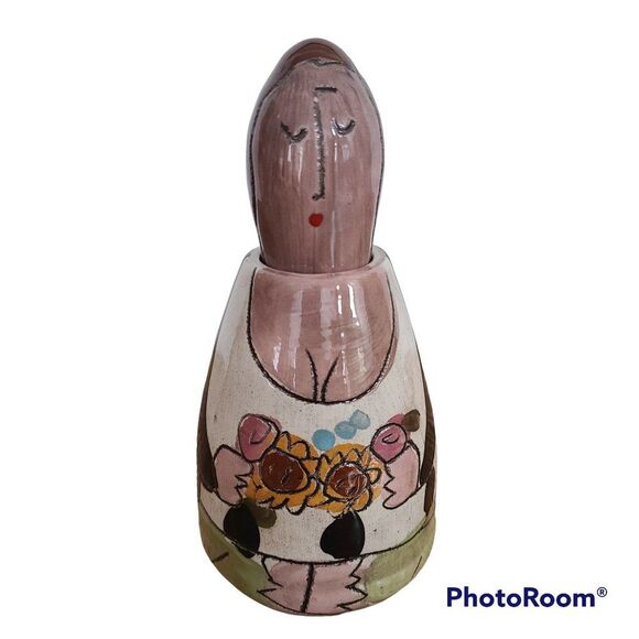 Terracotta Flower Woman Character Bottle with Head Stopper Porcelain Pottery Art - Picture 1 of 15